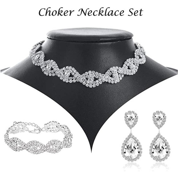 Silver Crystal Necklace Set Cubic Rhinestone Necklace Bracelet Earrings Handbag - Picture 3 of 7